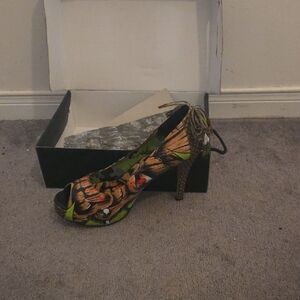 Iron Fist Multicolor Feather-Print Lace-Up Peep-Toe Heels